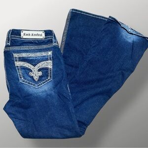 Rock Revival Tansy Jeans Women’s Sz 32 Bootcut Blue Denim Distressed Hem